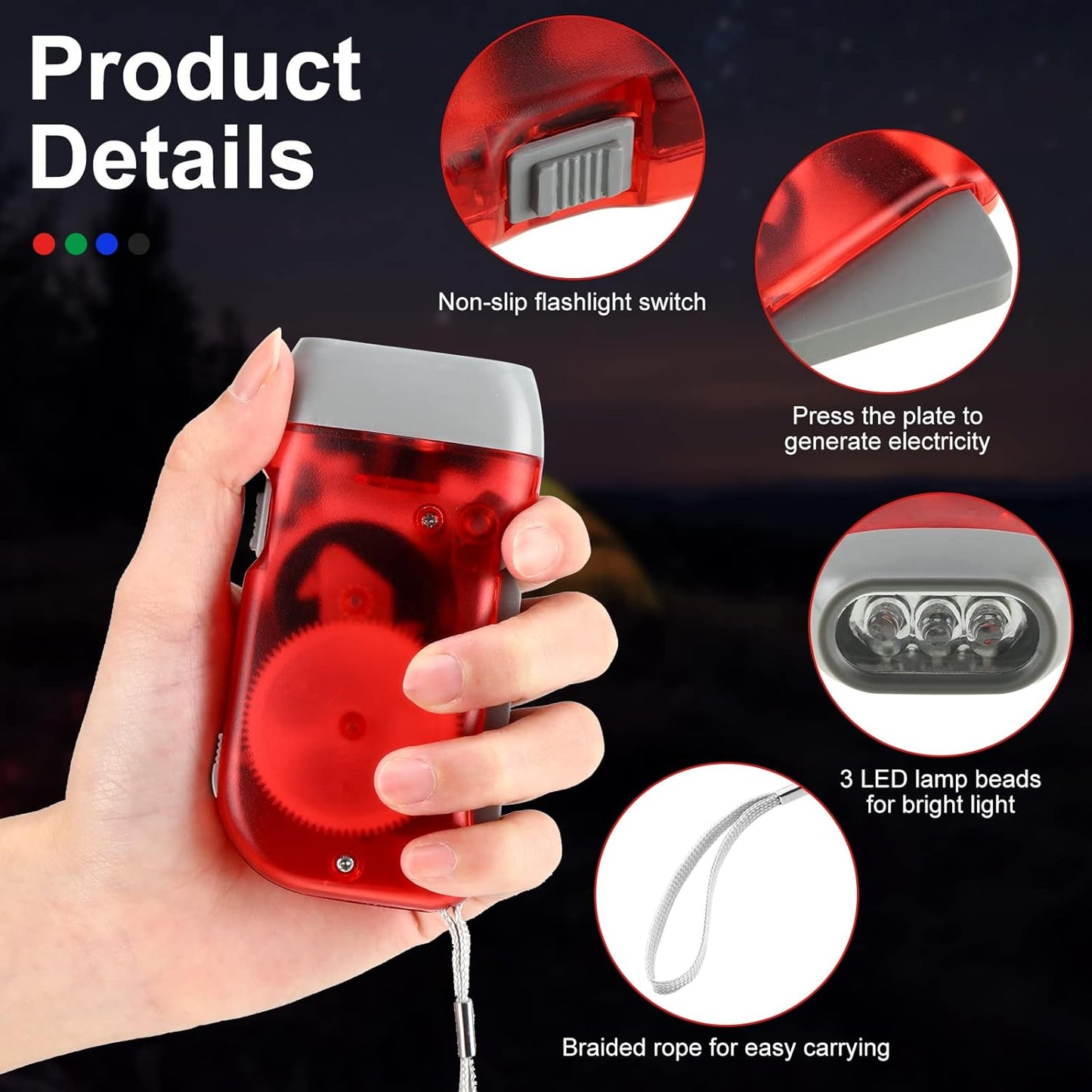 3x Hand-Crank Flashlights – No Batteries Needed, Always Ready